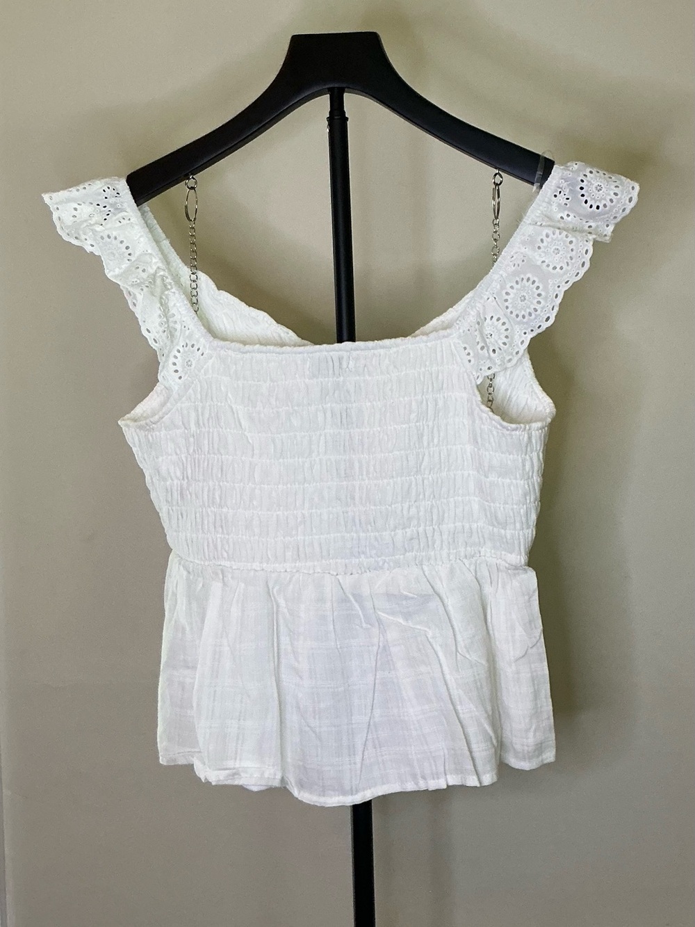 Fashion Nova White Eyelet Flutter Sleeve Smocked Peplum Top Boho Cottagecore - Picture 3 of 5